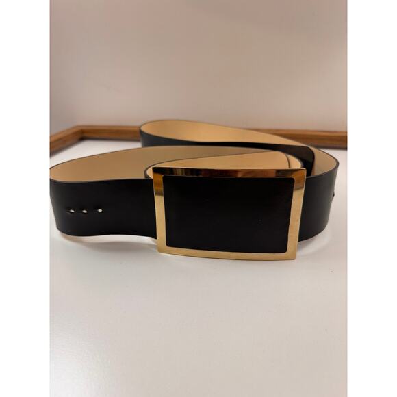 Hotel Particulier Women\'s Belt Wide Black Genuine Leather Gold Brass Buckle M/L